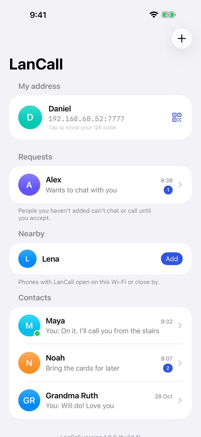 LanCall home screen with contacts, a message request and a nearby phone